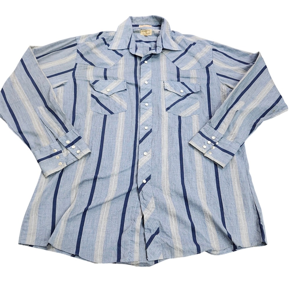 Vintage Running Rancher Mens Blue Striped Western Pearl Snap Shirt 16.5 L